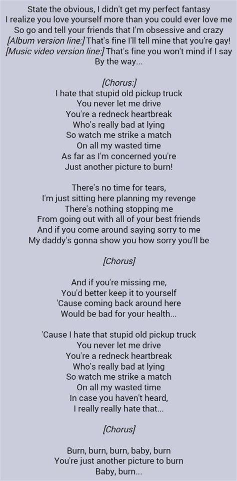 Picture To Burn - Commentary Lyrics. Becca: This is Big Machine Radio and we're celebrating the twelve-year anniversary of Taylor Swift's debut album, also called Taylor Swift, which she released ...
